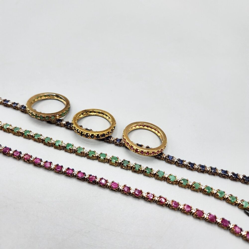 Tri Color Tennis Bracelet Stacking Ring Set Cubic Zirconia ADI 925 Thai Silver - Picture 3 of 13